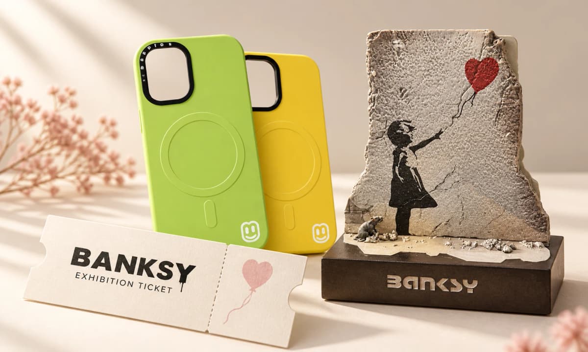 Entrada para la exposición de Banksy, fundas Beepio y una estatuilla Banksy de edición limitada
